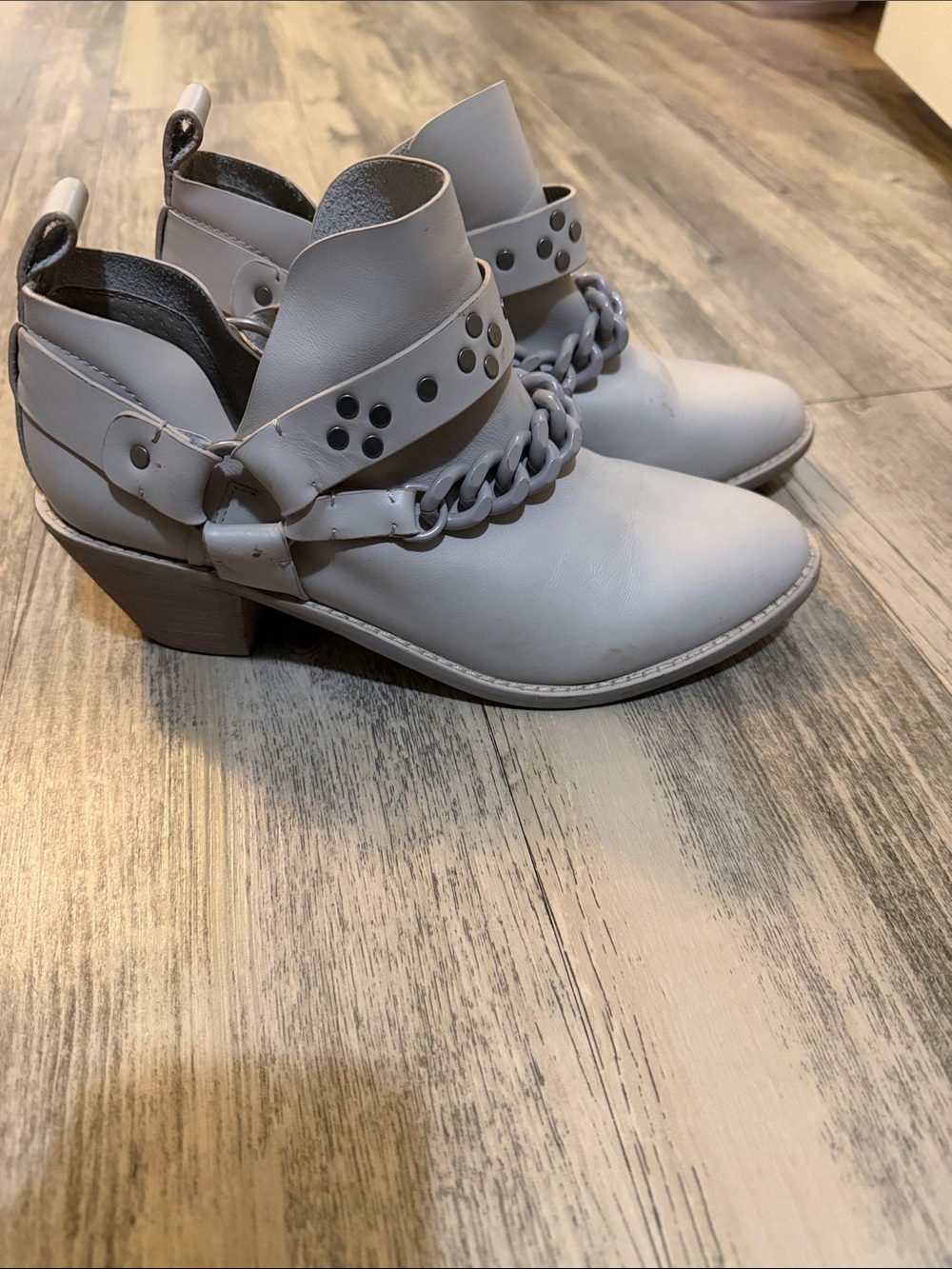 Kelsi Dagger Light Gray Chain-Trim Ankle Booties